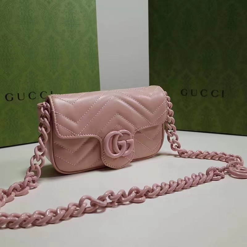 Gucci Women GG Marmont Belt Bag Pink Chevron Matelassé Leather Double G