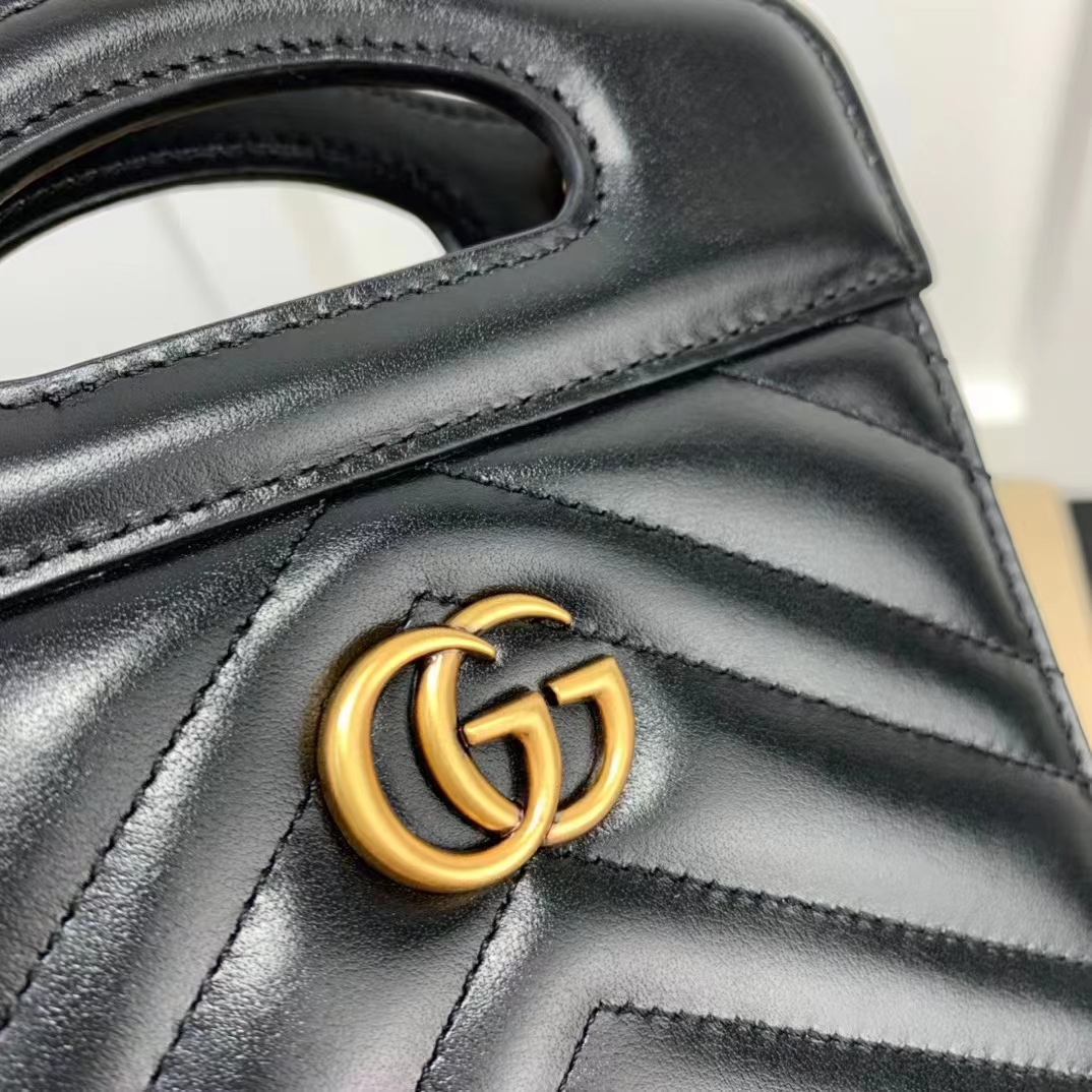 Gucci Women GG Marmont Top Handle Mini Bag Black Matelassé Chevron Leather