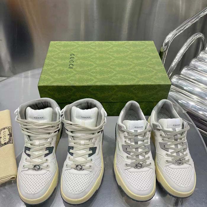 Gucci Unisex High Top Distressed Effect. Sneaker Off White Leather Interlocking G Rubber Flat