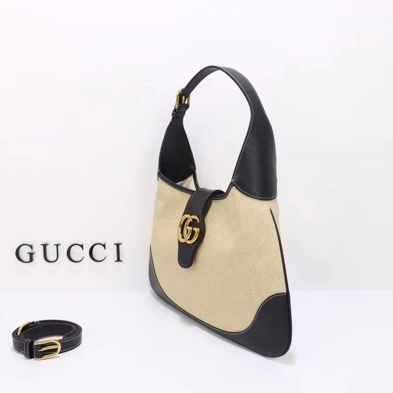 Gucci Women GG Aphrodite Large Shoulder Bag Beige Black Cotton Canvas Black Leather