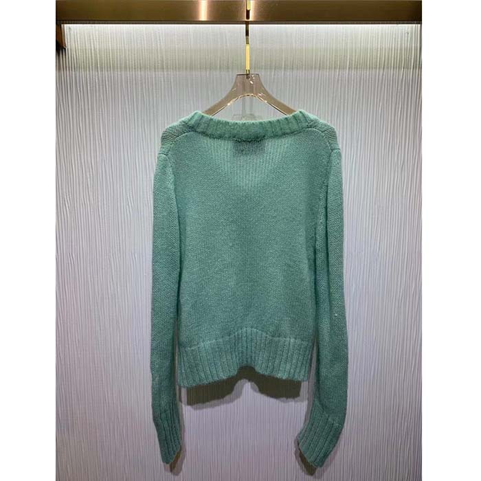 Gucci Women GG Wool Mohair Sweater Crystal G Blue V-Neck Dropped Shoulder Long Sleeves