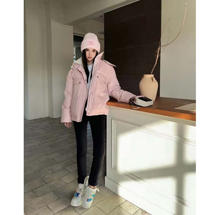 Gucci Women GG Cotton Canvas Puffer Jacket Light Pink GG Lined Interlocking G Two Front Pockets