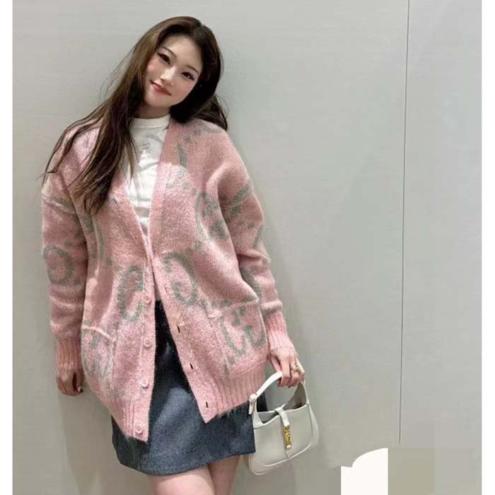 Gucci Women Reversible GG Mohair Cardigan Light Green Pink Brushed Jacquard Wool V-Neck
