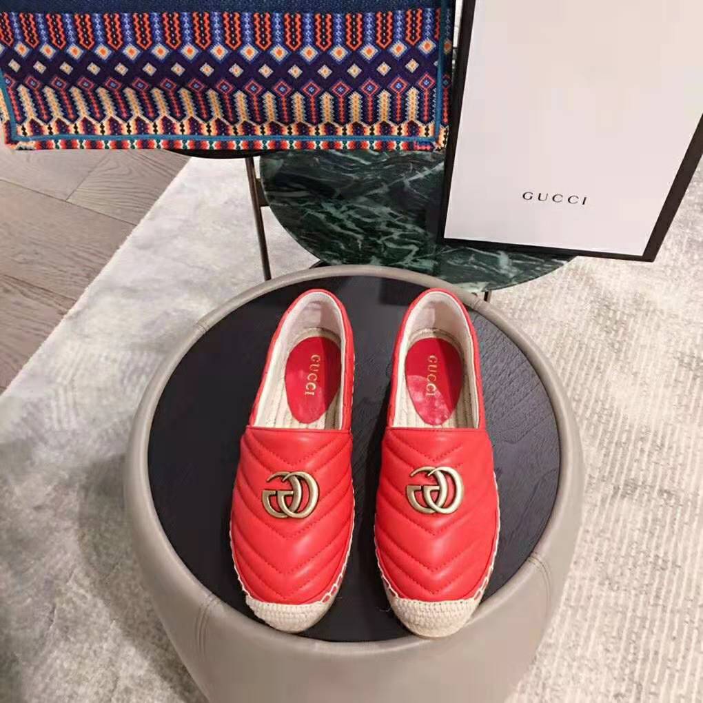 Gucci Women Leather Espadrille with Double G in Matelassé Chevron Leather-Red
