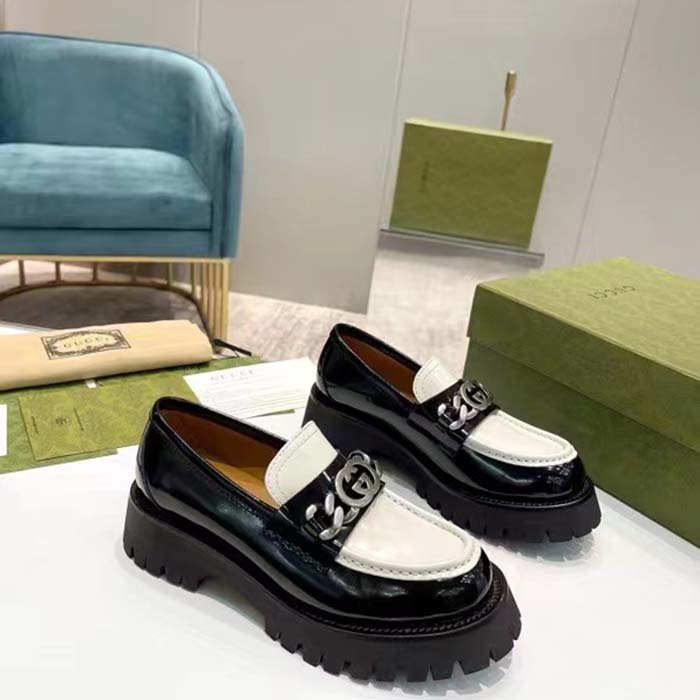 Gucci Unisex GG Loafer Interlocking G Black Off White Leather Rubber Lug Mid 4.3 CM Heel