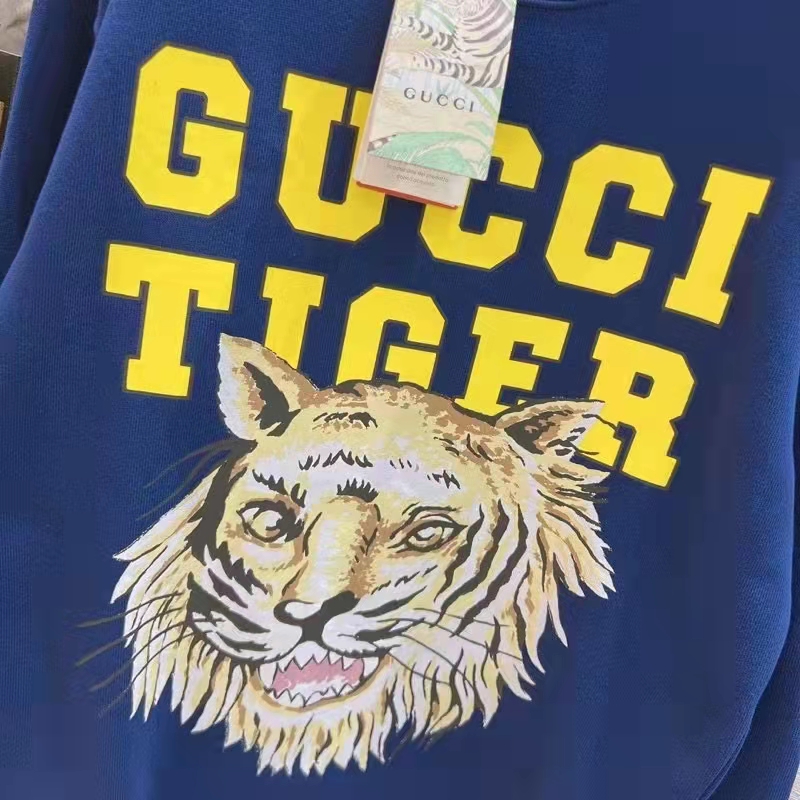 Gucci Women GG Tiger Cotton Sweatshirt Blue Felted Jersey Crewneck