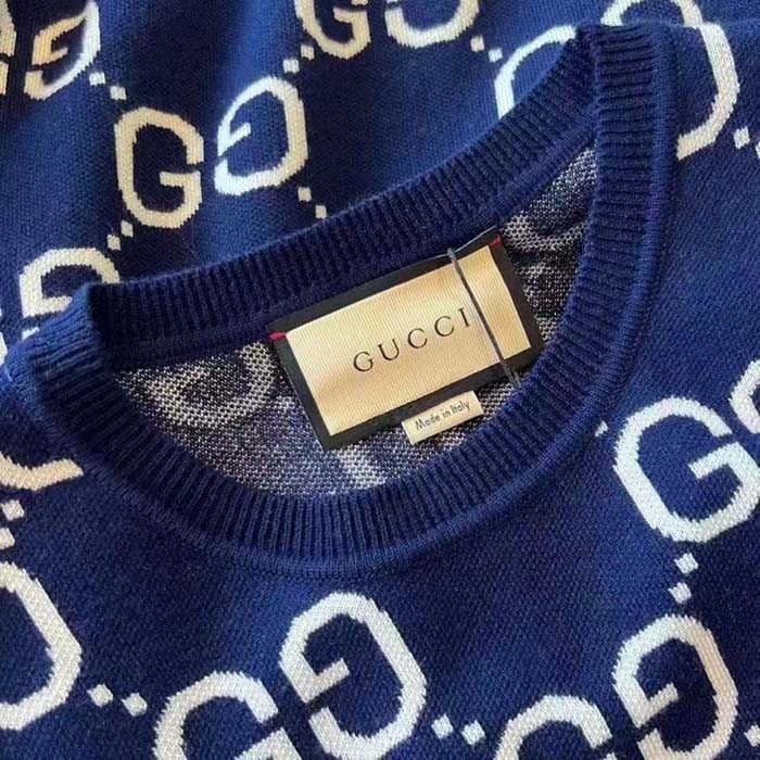 Gucci Women GG Wool Jacquard Sweater Blue Ivory Long Sleeves Crewneck