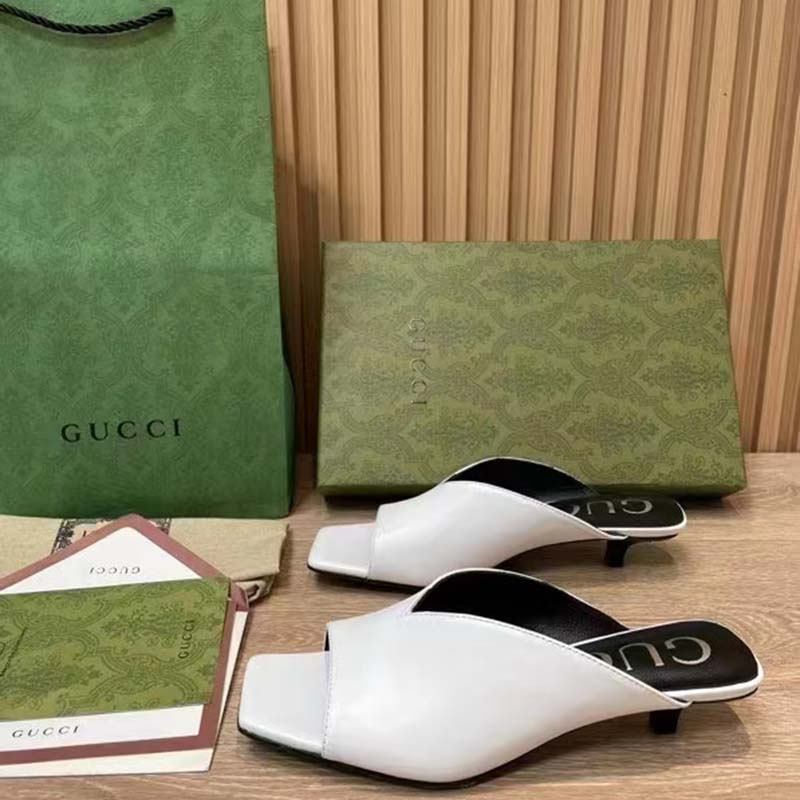 Gucci Women GG Low Heel Sandal White Leather Square Toe
