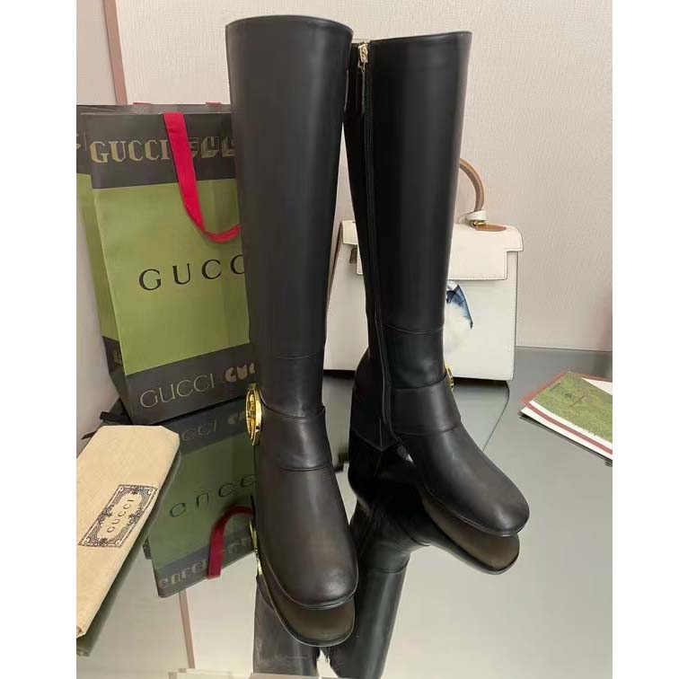 Gucci Blondie Women’s Blondie Boot Black Leather Round Interlocking G Low 5 Cm Heel