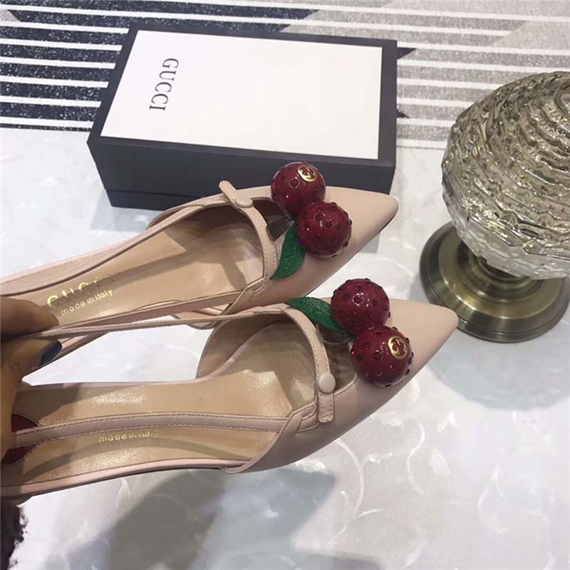 Gucci Women Leather Cherry Pump Shoes-Pink