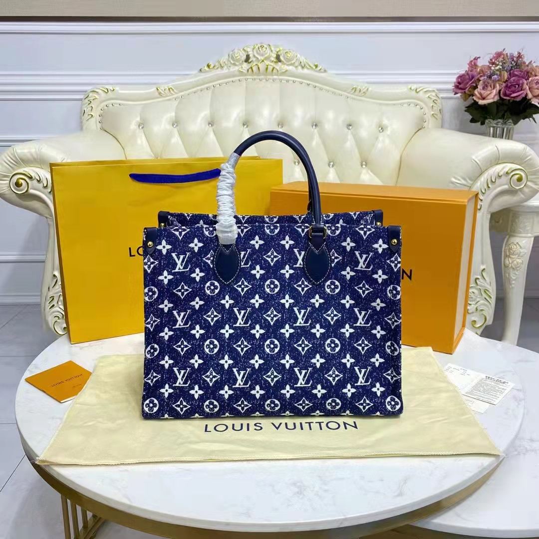 Louis Vuitton LV Unisex Onthego MM Tote Navy Blue Denim Jacquard Textile Calf
