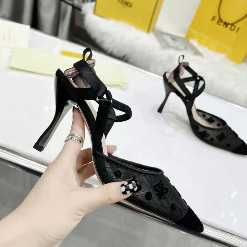 Fendi Women Colibri Lite High-Heeled Black Mesh and FF Karligraphy Slingbacks