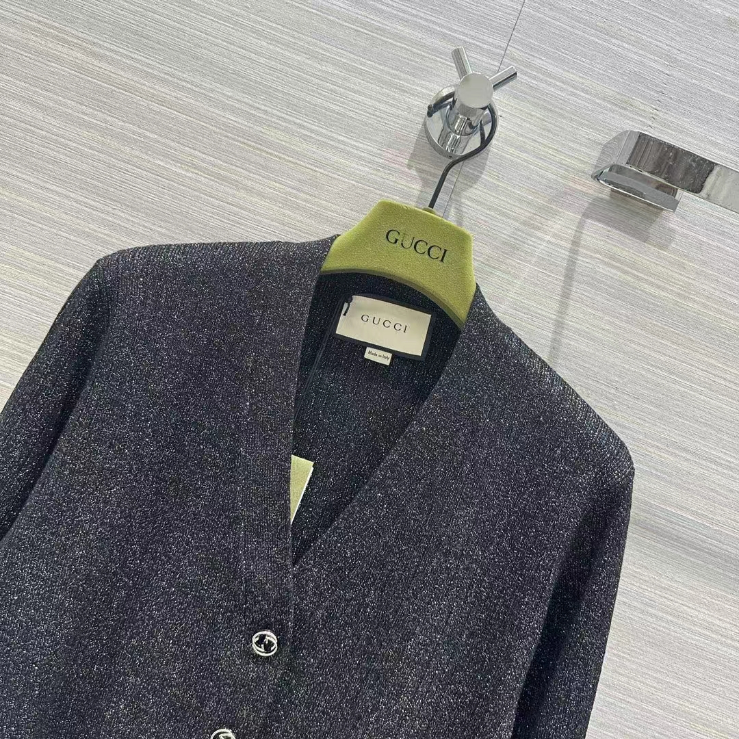 Gucci GG Women Rib Stitch Viscose Lamé Cardigan Interlocking G Buttons V-Neck Long Sleeves