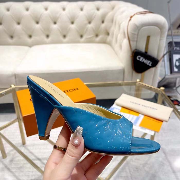 Louis Vuitton LV Women Super Mule Azure Blue Monogram-Debossed Patent Calf Leather 10 CM Heel
