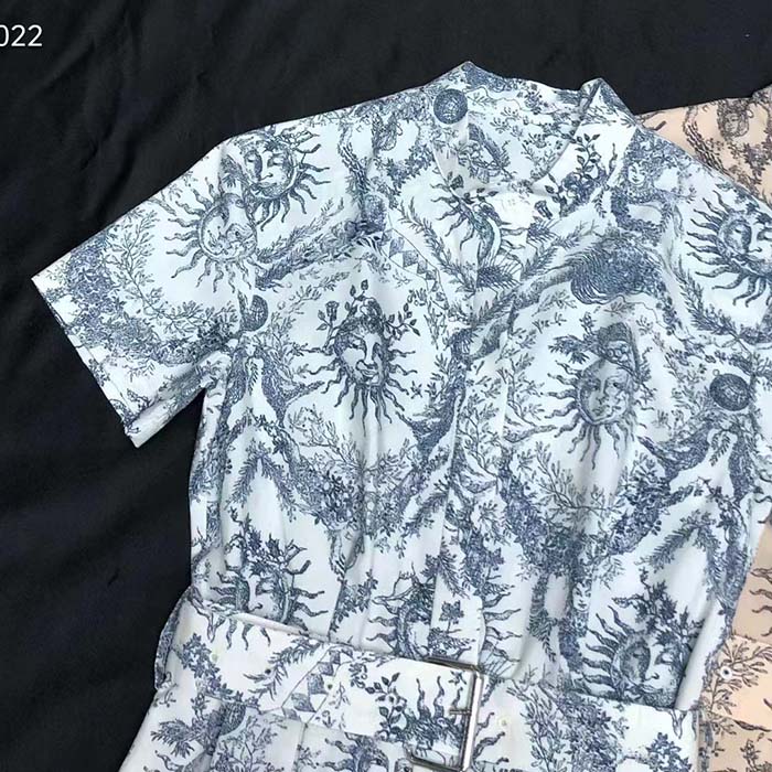 Dior Women CD Mid-Length Shirt Dress Navy Blue White Silk