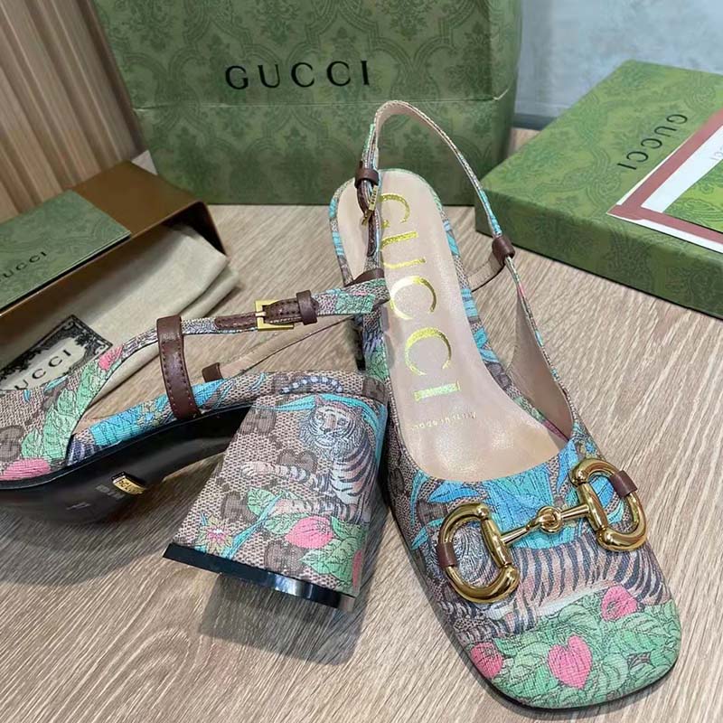 Gucci Women GG Tiger Mid-Heel Slingback Tiger Flower Beige Ebony Supreme Canvas