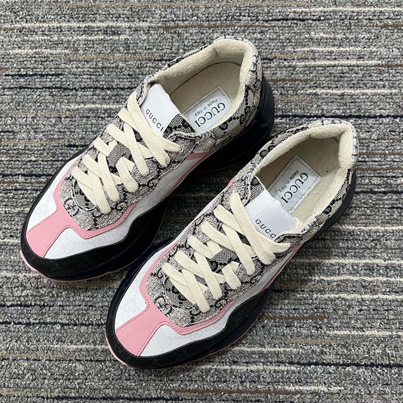 Gucci Unisex Rhyton Sneaker Beige Blue GG Supreme Canvas Rubber Sole Mid Heel