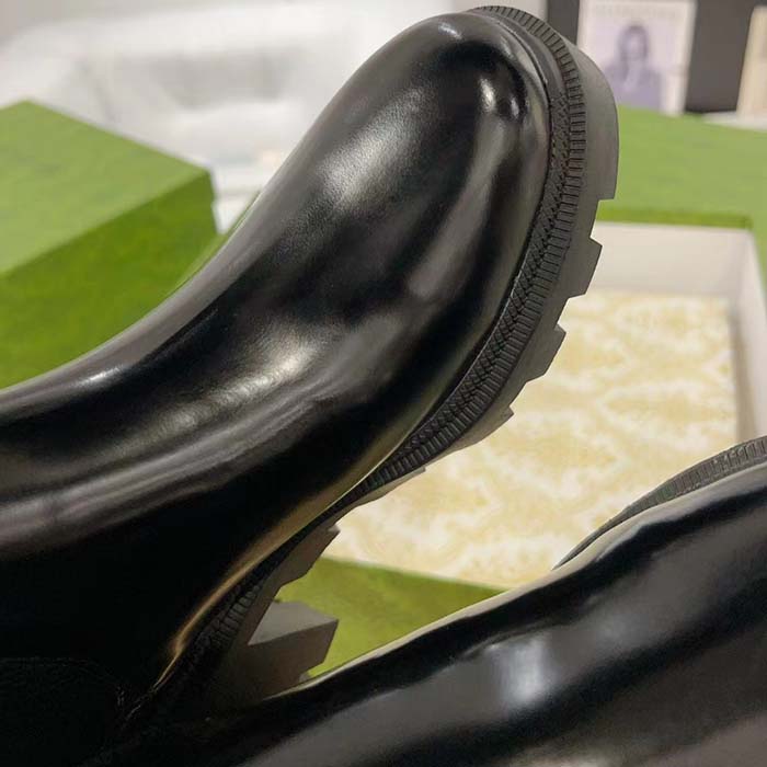 Gucci Women GG Mid-Heel Boot Logo Black Shiny Leather Heel Loop Pull Lug Rubber