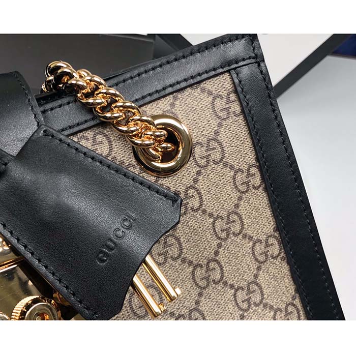 Gucci Women Padlock Small GG Shoulder Bag Beige Ebony GG Supreme Canvas Black Leather