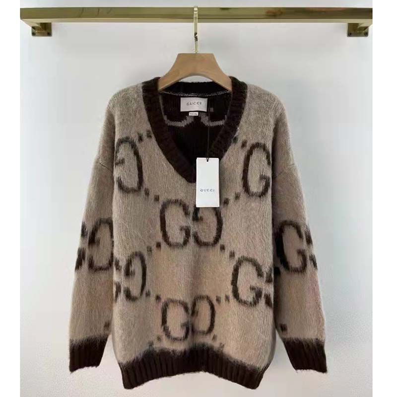 Gucci Women GG Mohair Wool V-Neck Sweater Beige Brown