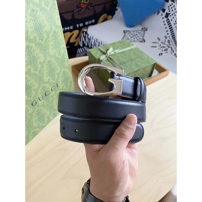Gucci GG Unisex Thin Belt with G Buckle Black Leather 3 Cm Width