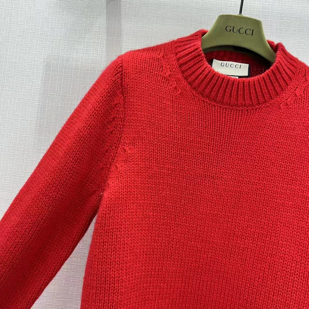 Gucci Women GG Wool Top Gucci Intarsia Red Crewneck Dropped Shoulder Long Sleeves