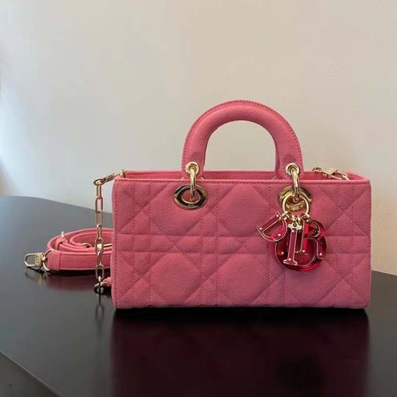 Dior Women CD Medium Lady D-Joy Bag Bright Pink Cannage Denim