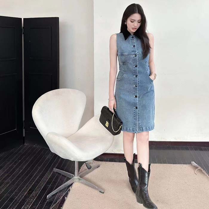 Louis Vuitton Women LV Velvet Accent Denim Dress Cotton Blue Regular Fit 1AFDDN