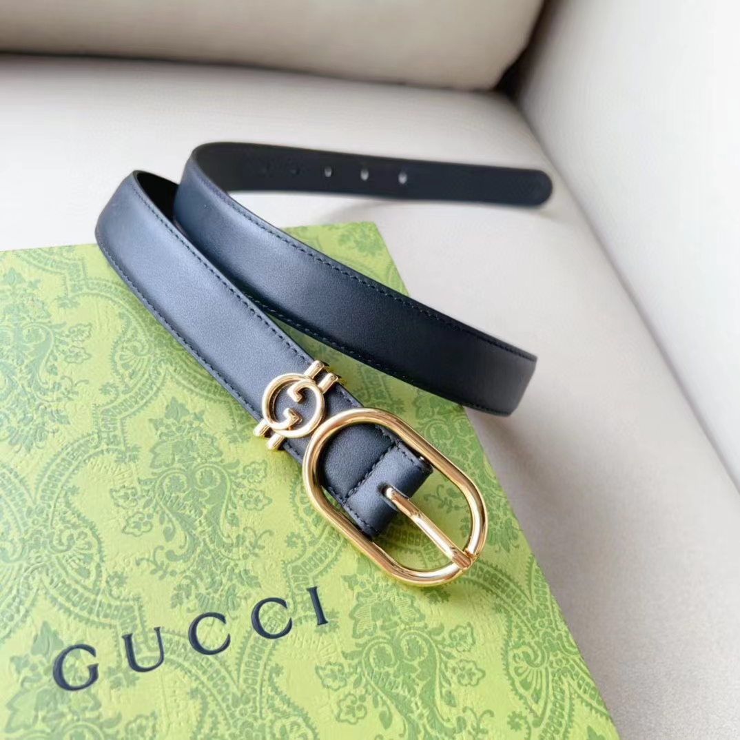 Gucci Unisex GG Belt Round Interlocking G Black Leather Oval Buckle 2.3 CM Width
