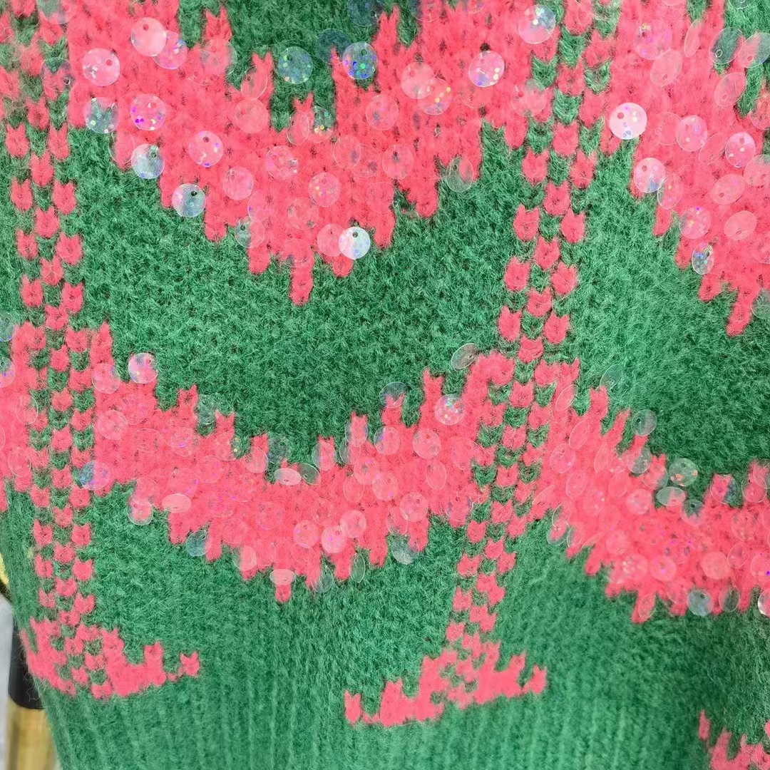 Gucci Women GG Chevron Wool Sequin Sweater Crewneck Mohair Polyamide Puffed Sleeves