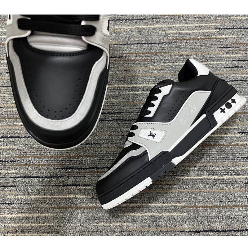 Louis Vuitton Men LV Trainer Sneaker Black Mix Materials Rubber Outsole 54 Monogram Flowers