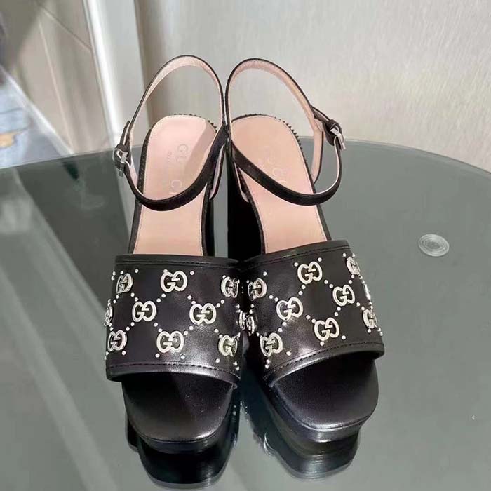 Gucci Women GG Interlocking G Studs Sandal Black Leather Mid 8 Cm Heel