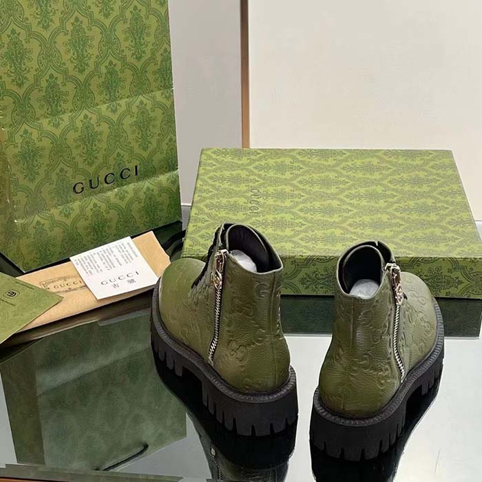 Gucci Unisex GG Leather Boot Dark Green Rubber Lug Sole Lace-Up Interlocking G Low-Heel