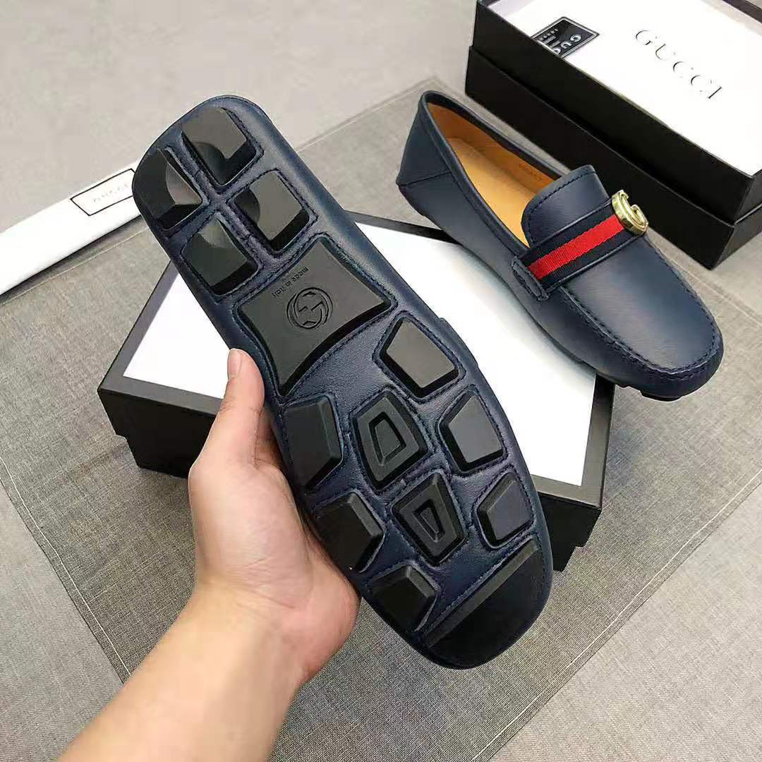 Gucci Men Leather Driver with Web-Navy