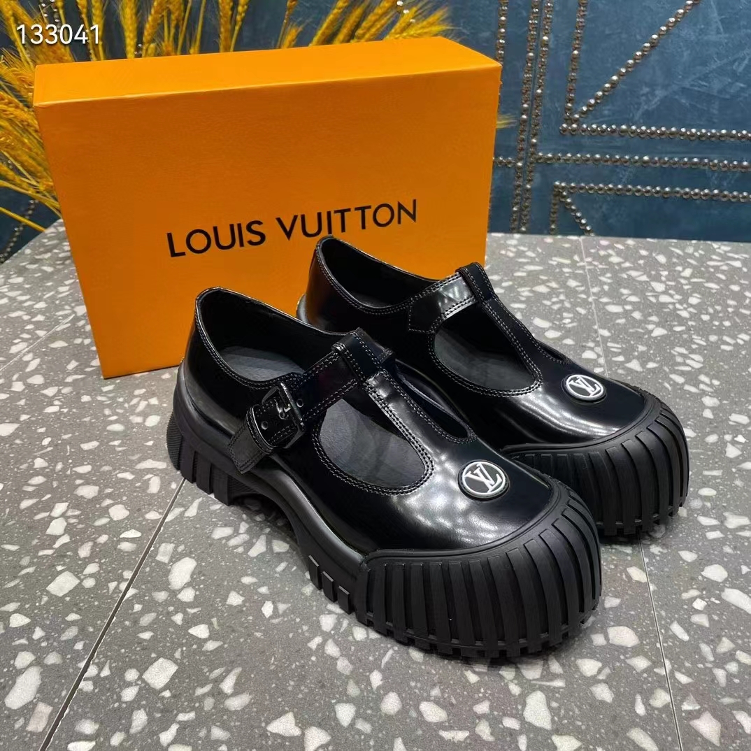Louis Vuitton Women Ruby Flat Mary Jane Black Calf Leather Rubber LV Circle Signature