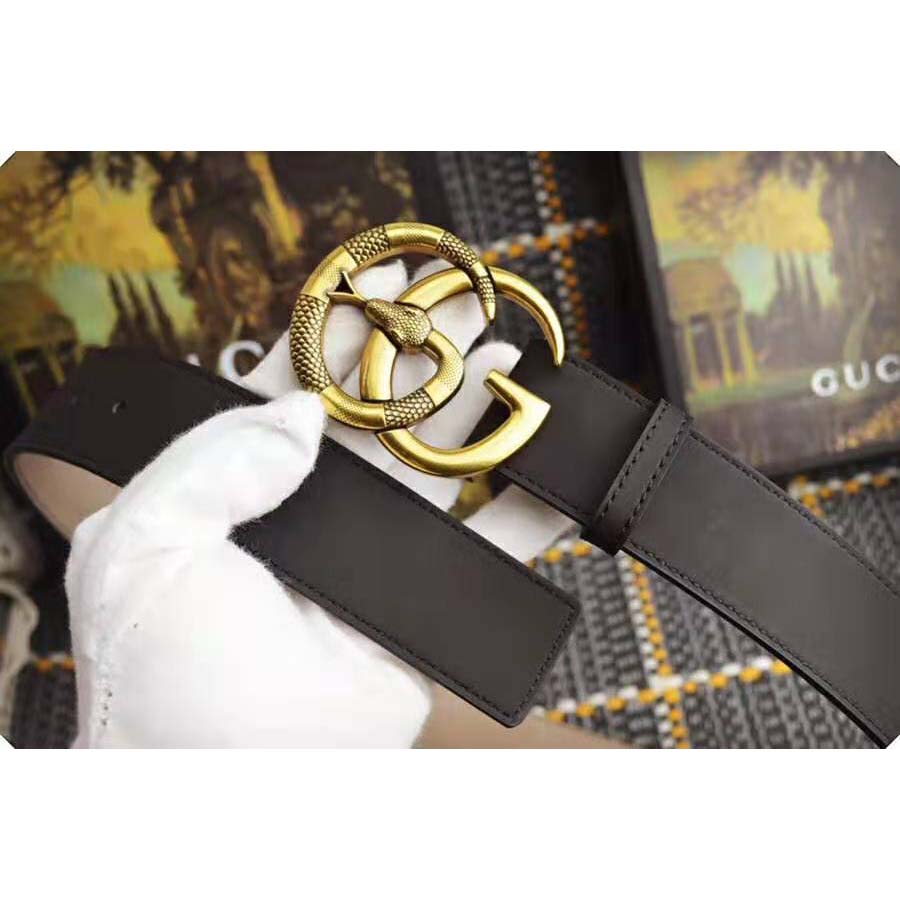 Gucci Unisex Leather Belt with Double G Buckle with Snake in Black Leather