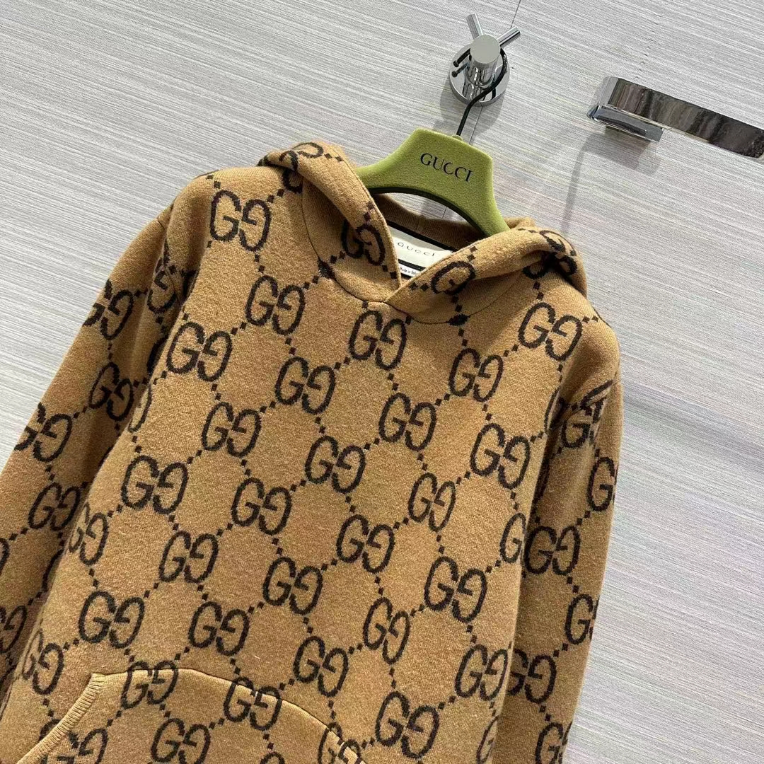 Gucci Women GG Wool Hooded Sweatshirt Camel Ebony Fixed Hood Kangaroo Pocket Rib