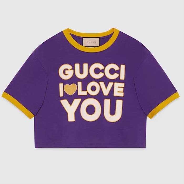 Gucci Men GG Cotton Jersey Cropped T-Shirt Violet Medium Heart Patch Crewneck Short Sleeves