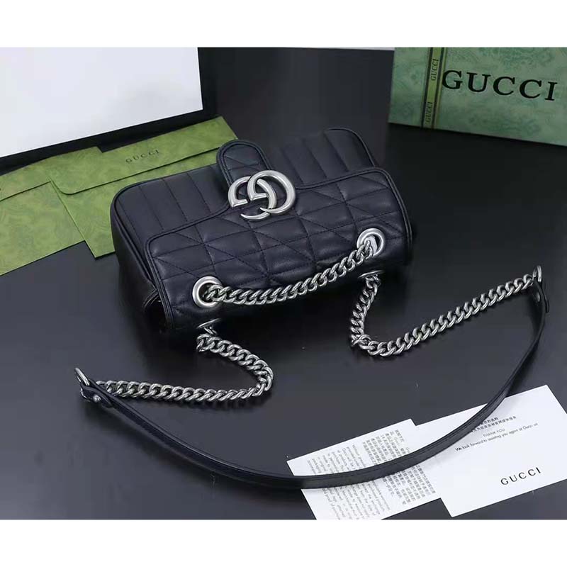 Gucci Women GG Marmont Small Shoulder Bag Black Matelassé Double G