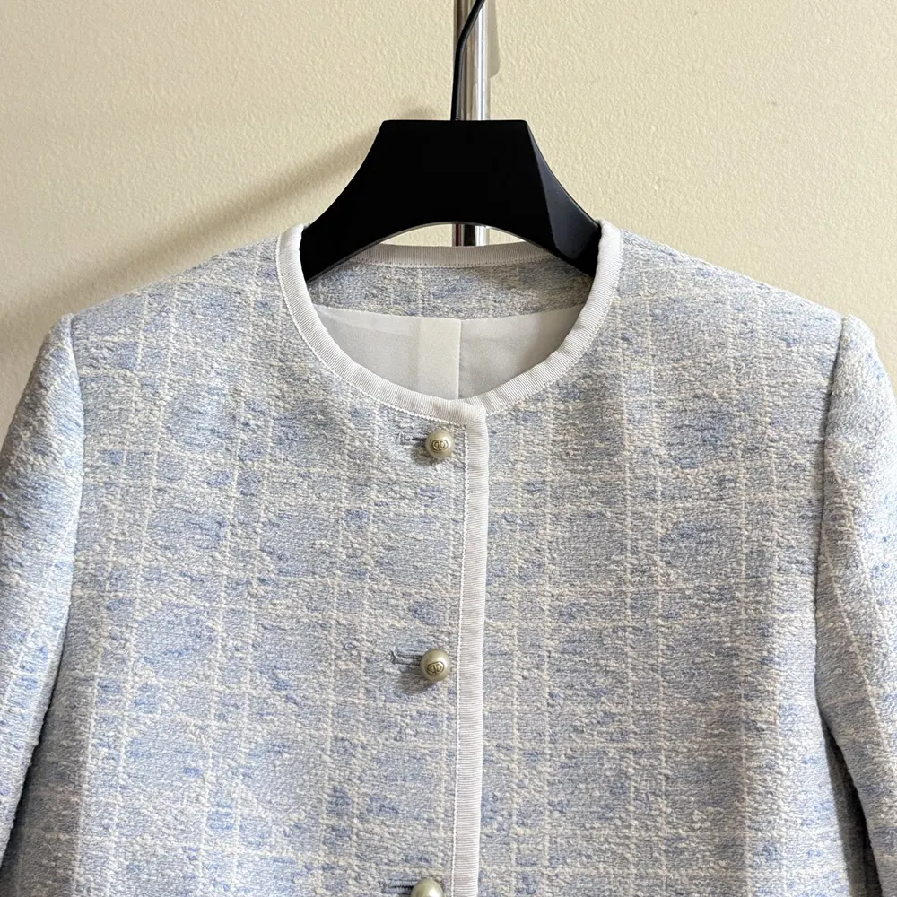 Dior Women Macrocannage Cropped Jacket Sky Blue Cotton-Blend Tweed