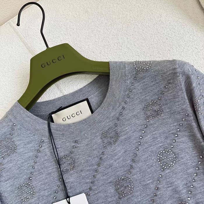 Gucci Women GG Cashmere Crewneck Interlocking G Grey Diagonal Stripe Crystals