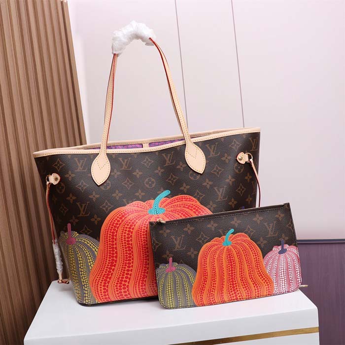 Louis Vuitton Unisex LV x YK Neverfull MM Monogram Coated Canvas Pumpkin Print