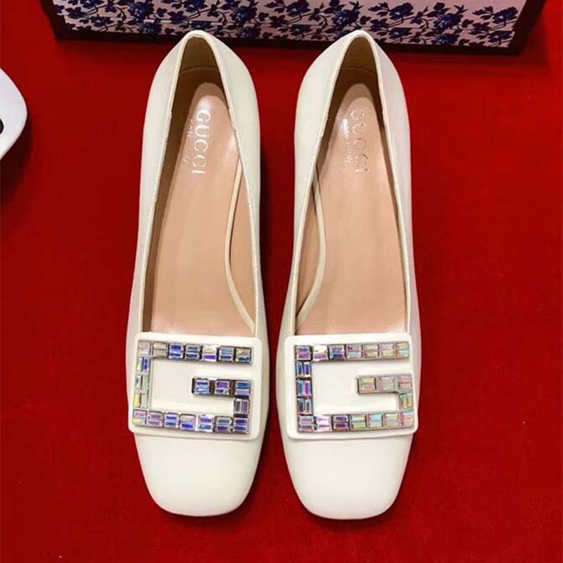 Gucci Women Shoe Leather Mid-Heel Pump with Crystal G 50mm Heel-White