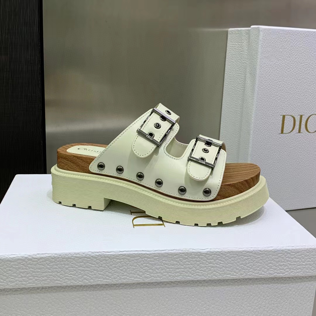Dior Women Shoes CD Diorquake Strap Slide White Calfskin Wooden Insole