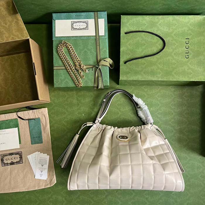 Gucci Women GG Deco Medium Tote Bag White Quilted Leather Interlocking G