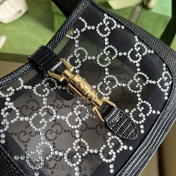 Gucci Women GG Jackie 1961 Mini Crystal GG Lizard Bag Black Mesh