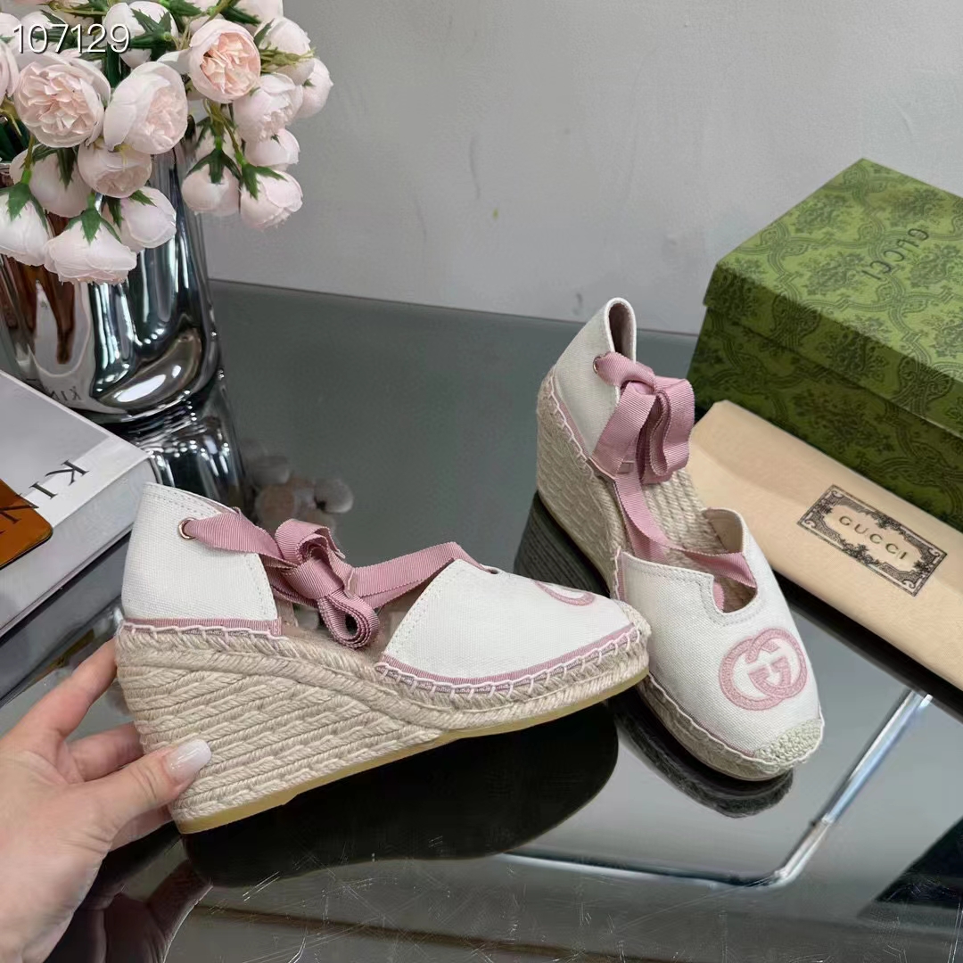 Gucci Women Espadrilles Ribbon Tie White Cotton Canvas Pink Interlocking G Embroidery