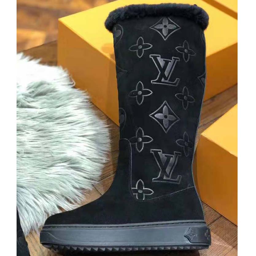 Louis Vuitton LV Women Breezy Half Boot in Black Suede Calf Leather with Monogram Canvas-Black
