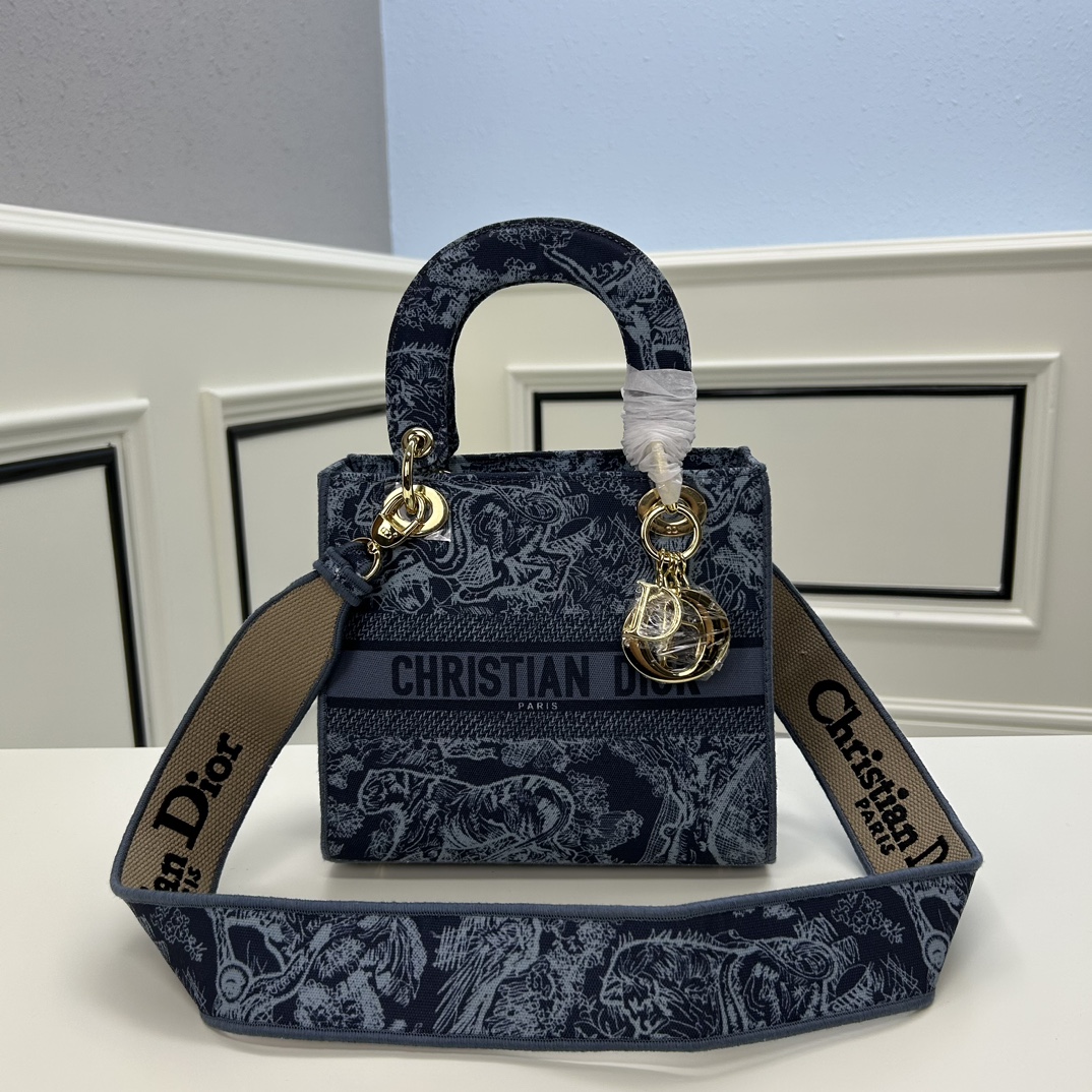 Dior Women CD Medium Lady D-Lite Bag Denim Blue Toile De Jouy Embroidery