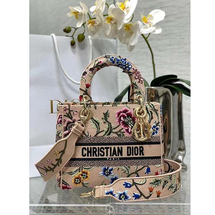 Dior Women CD Medium Lady D-Lite Bag Multicolor Raffia Embroidered Petites Fleurs
